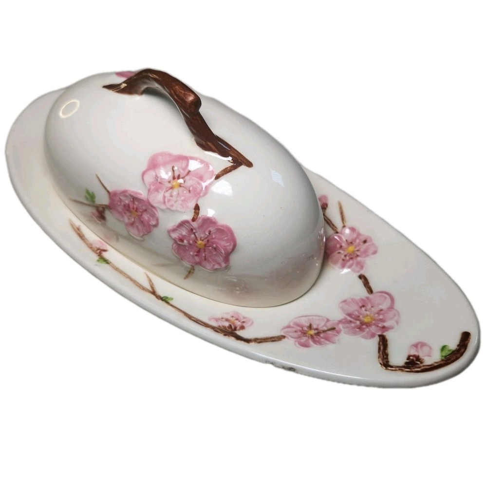 METLOX Poppytrail Peach Blossom Covered Butter Dish Floral Spring VTG